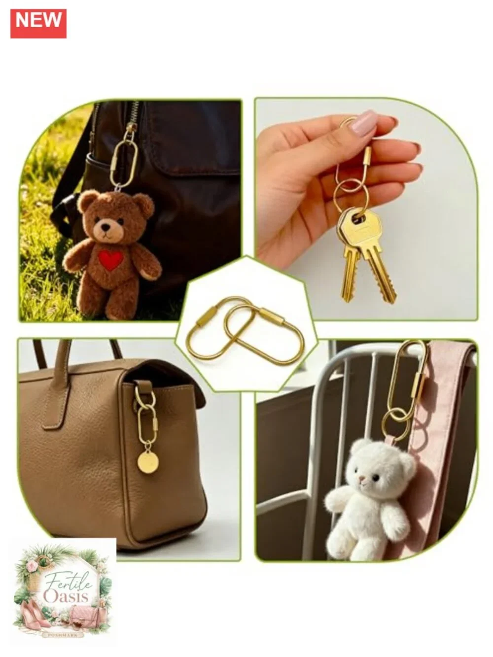 Brass Key Ring Set, Carabiner Clip with Screw Lock, Key Organizer with 4 Rings,